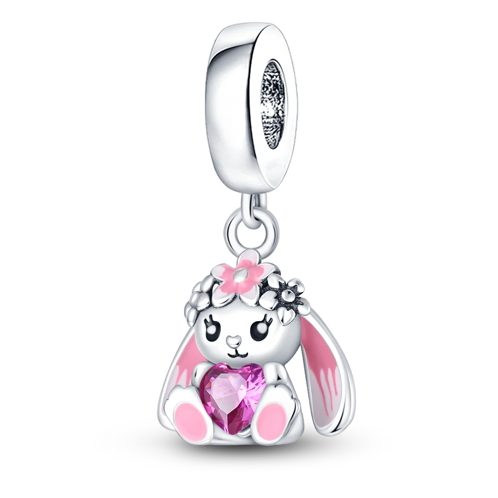 S925 Silver Plated Cute Pink Rabbit Pendants Charms Fit Original Bracelets Fine DIY Birthday Jewelry Gifts