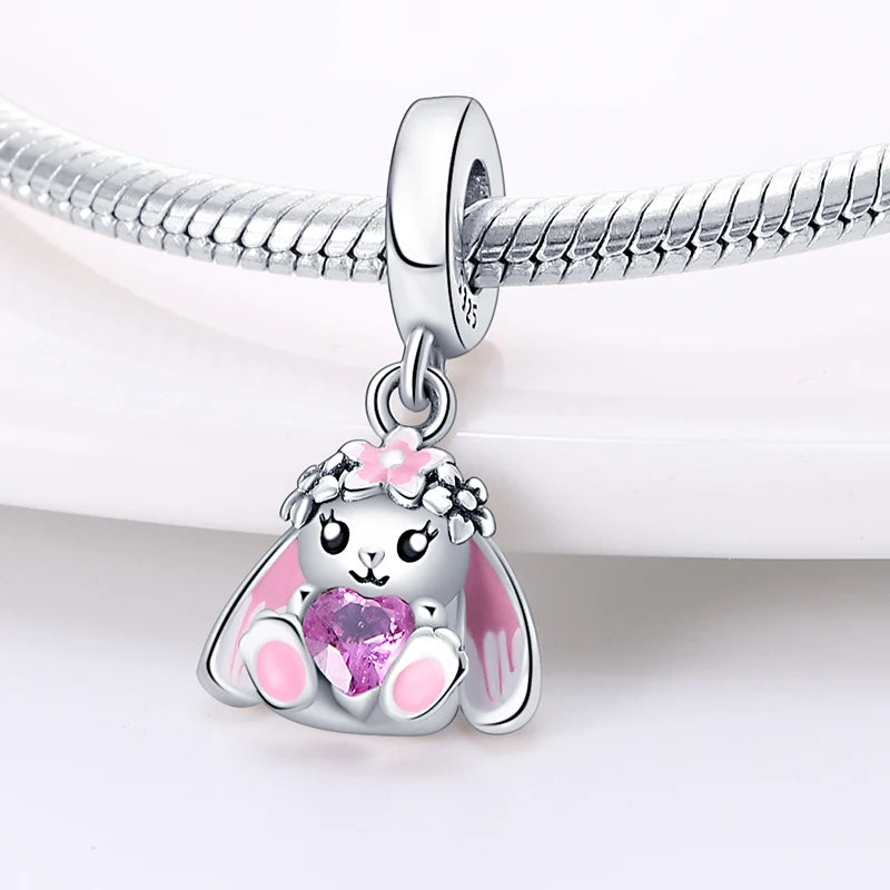S925 Silver Plated Cute Pink Rabbit Pendants Charms Fit Original Bracelets Fine DIY Birthday Jewelry Gifts