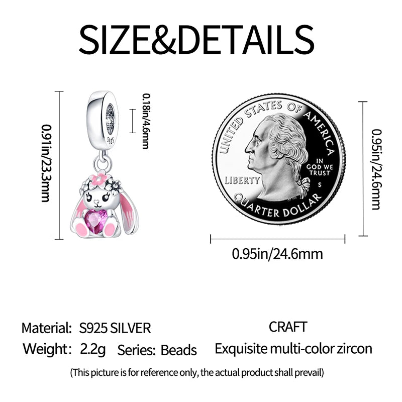 S925 Silver Plated Cute Pink Rabbit Pendants Charms Fit Original Bracelets Fine DIY Birthday Jewelry Gifts